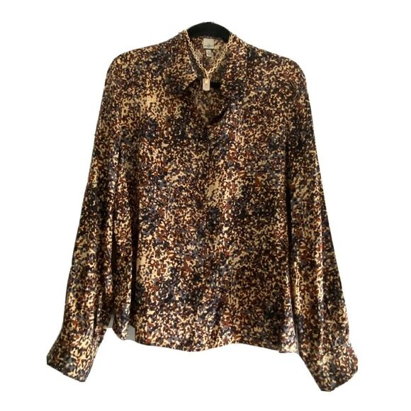 ANNE KLEIN Size 12 Brown Satin Button Up Blouse Top Shirt Women Long Sleeve - Picture 2 of 13
